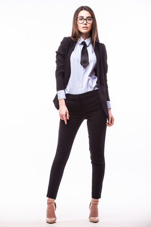Happy young business woman in glasses isolated on white backgroundの写真素材