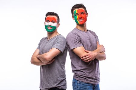 Portugal vs Hungary before game on white background. European  football fans concept.の写真素材