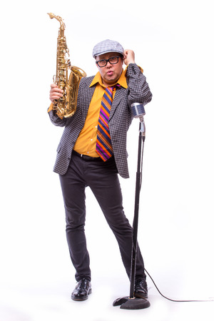 Portrait of Passionate Expressive Male Alto Saxophone Playerの写真素材
