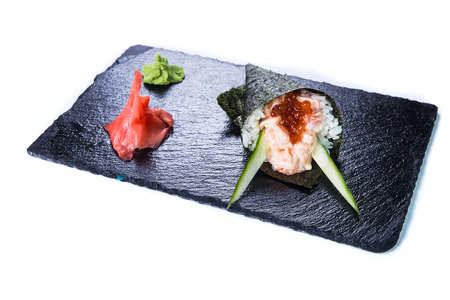 Sushi Set  and sushi rolls on black stone slate. Restaurant food concept.の写真素材