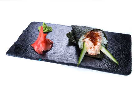 Sushi Set  and sushi rolls on black stone slate. Restaurant food concept.の写真素材