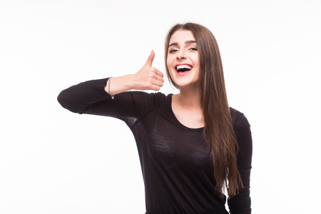 Happy woman with okey gesture on whiteの写真素材