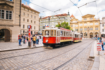 Prague, Czech Republic - 04 July 2016. The summer photo of tram of Praha, Chezh Republic capital like a point of travel destination.のeditorial素材