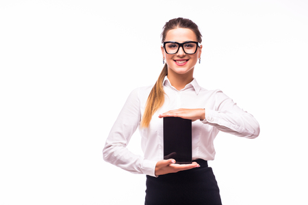 Isolated young business woman showing tabletの写真素材