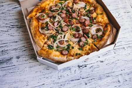 pizza in the in delivery boxの写真素材