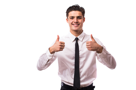 Handsome businessman with ok gesture at camera over white backgroundの写真素材