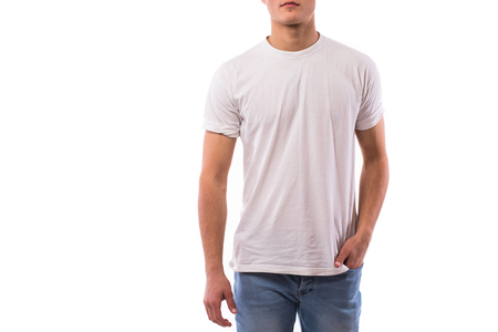 close up of Body of young man on white shirtの写真素材