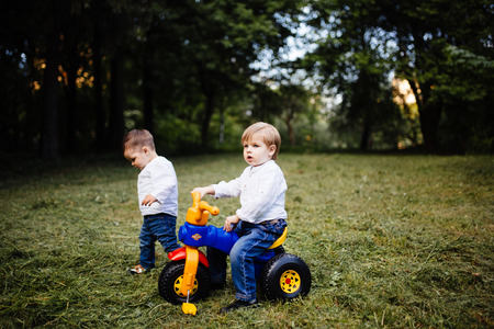 Young kids driving a bicycle in parkの写真素材