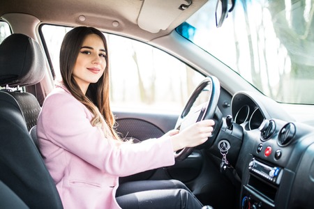 Young cute brunette girl driving a car