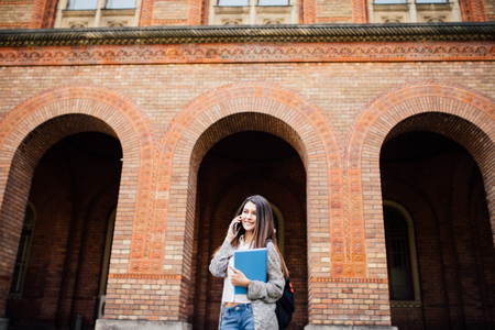 Gorgeous student holding notebooks speak phone on campus at collegeの写真素材