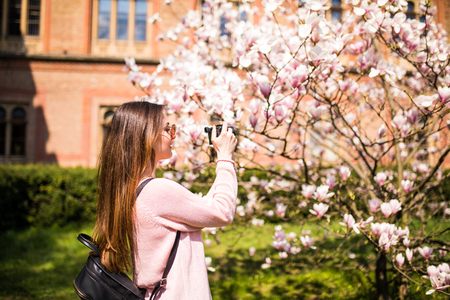 Happy woman traveler take photos by camera with cherry blossoms tree on vacation while spring, Selective focusの写真素材