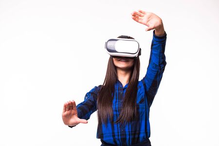 business woman organize workflow by virtual reality. VR headset glasses device. white isolated...