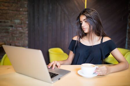 Beautiful brunette using laptop in cafe shopの写真素材
