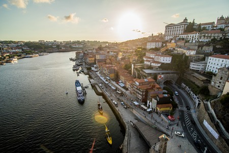 Panorama of the city of Porto and the river of Douro at sunset. Portugalのeditorial素材