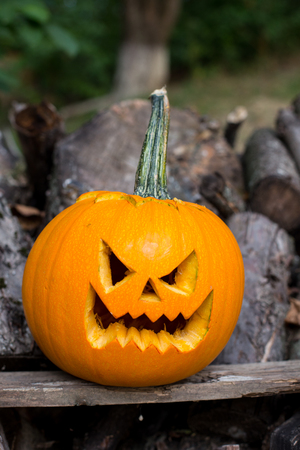 Autumn halloween jack-o-lantern on autumn wooden backgroundの写真素材