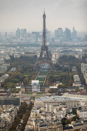 Paris, France - November, 2017. Areal view of Paris skyline at sunset with Eiffel tower in the distanceのeditorial素材
