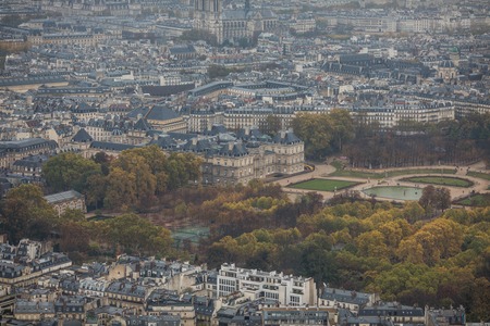 Paris, France - November, 2017. Areal view of Paris skyline at sunset with Eiffel tower in the distanceのeditorial素材