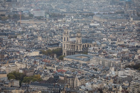 Paris, France - November, 2017. Areal view of Paris skyline at sunset with Eiffel tower in the distanceのeditorial素材