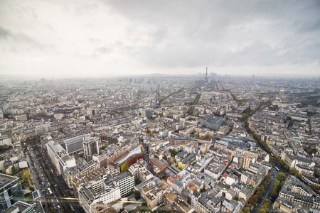 Paris, France - November, 2017. Areal view of Paris skyline at sunset with Eiffel tower in the distanceのeditorial素材