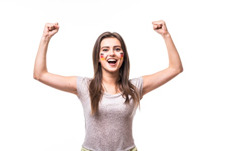 Germany win. Victory, happy and goal scream emotions of Germany woman football fan in game support of Germany national team on white background. Football fans.の写真素材