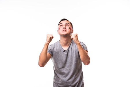 Pray for Portugal. Portugal football fan pray for game of Portugal national team on white background. Football fans.の写真素材