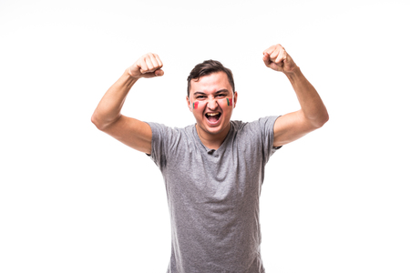 Portugal win. Victory, happy and goal scream emotions of Portugal football fan in game support of Portugal national team on white background.の写真素材