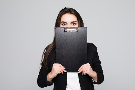 Business woman portrait with blankon gray isolated .の写真素材