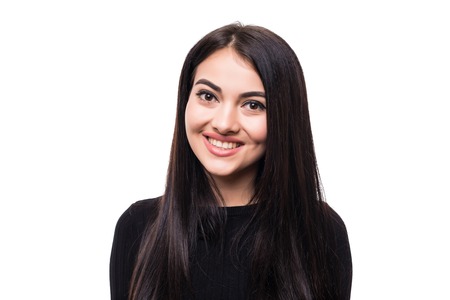 Portrait of a beautiful brunette on white backgroundの写真素材