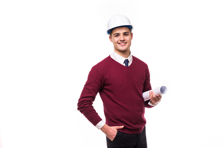 Full length of confident young bussinessman architect on white backgroundの写真素材