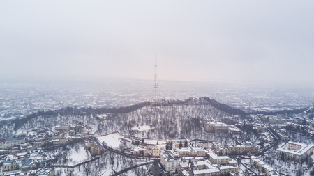 Top View of Lviv City Centre from above in winterの写真素材