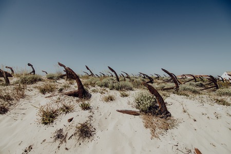 The old Anchor cemetery at the Barril beach in Tavira Algarve Portugalの写真素材