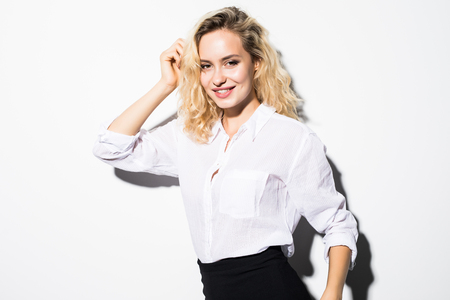 Beautiful young woman portrait on white backgroundの写真素材