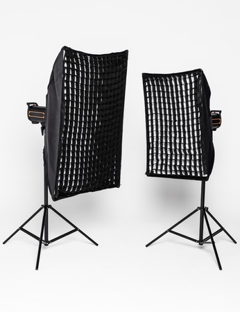 Studio lighting on white background. Studio photography tools.の写真素材