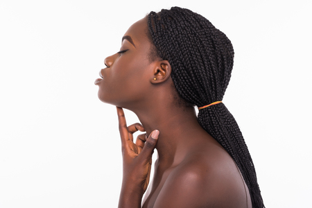 Beauty, spa. Attractive afro woman with beautiful face isolated on white backgroundの写真素材
