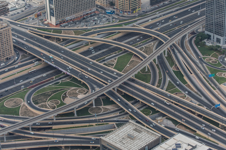 Amazing view of the junction roads from above. Traffic on the highway.