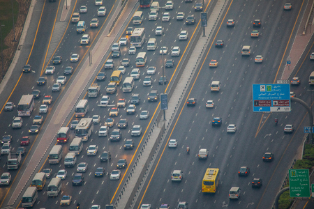 Dubai, UAE - October, 2018. Top view of numerous cars in a traffic jam in Dubaiのeditorial素材