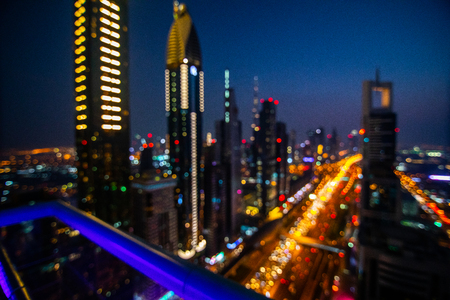 Dubai, UAE - October, 2018: View on Dubai skycrapers and traffic roads in the nightのeditorial素材