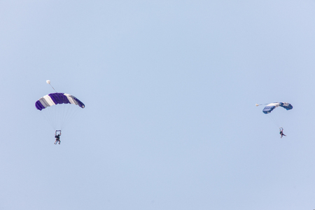 DUBAI, UNITED ARAB EMIRATES - October, 2018: Paragliders over Dubai marina in Dubaiのeditorial素材