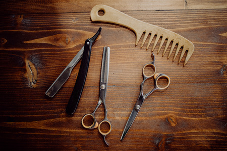 Barber Equipment And Tools On Wood Tableの写真素材
