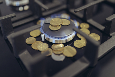 Cost of gas, concept crisis. Gas stove with coins in flame. The cost of methane. Gas coins more expensiveの写真素材