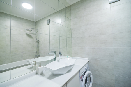Modern bathroom with a shower area and bath tub including a wall mirror beside a fancy plant near a tap and sink over the wooden counter and dark cupboard.の写真素材