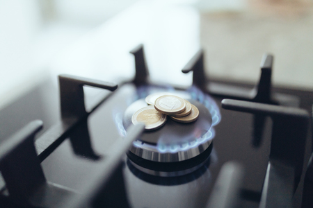 Cost of gas, concept crisis. Gas stove with coins in flame. The cost of methane. Gas coins more expensiveの写真素材