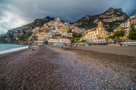 View from the sea on the cozy and cute town Positano on the Amalfi Coast, Italy.のeditorial素材
