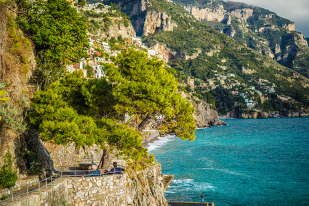 Positano, Italy - November, 2018: Beautiful houses and street in Positano shore, Amalfi coast, Italyのeditorial素材