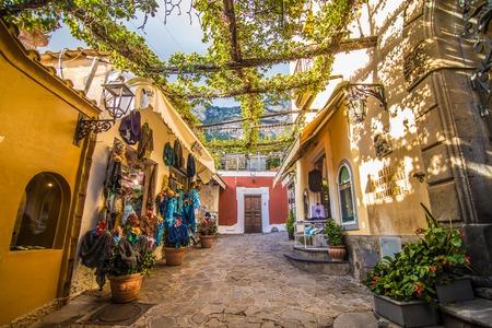 Positano, Italy - November, 2018: Beautiful houses and street in Positano shore, Amalfi coast, Italyのeditorial素材