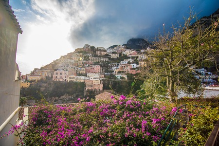 Positano, Italy - November, 2018: Beautiful houses and street in Positano shore, Amalfi coast, Italyのeditorial素材
