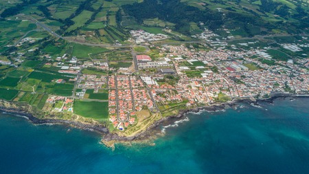 Aerial view of the cliffs and coves by the coast in the Azoresの写真素材