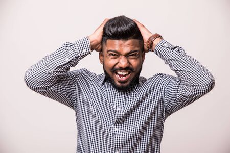 Hipster energetic man announcing something loudly. Isolated on white background.