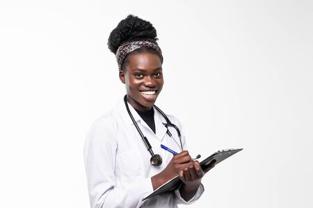 Portrait African American female doctor medical white backgroundの写真素材