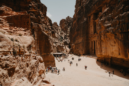JORDAN, Ancient Petra - May, 2019:Tourist complex of the ancient city of Petra with touristsのeditorial素材